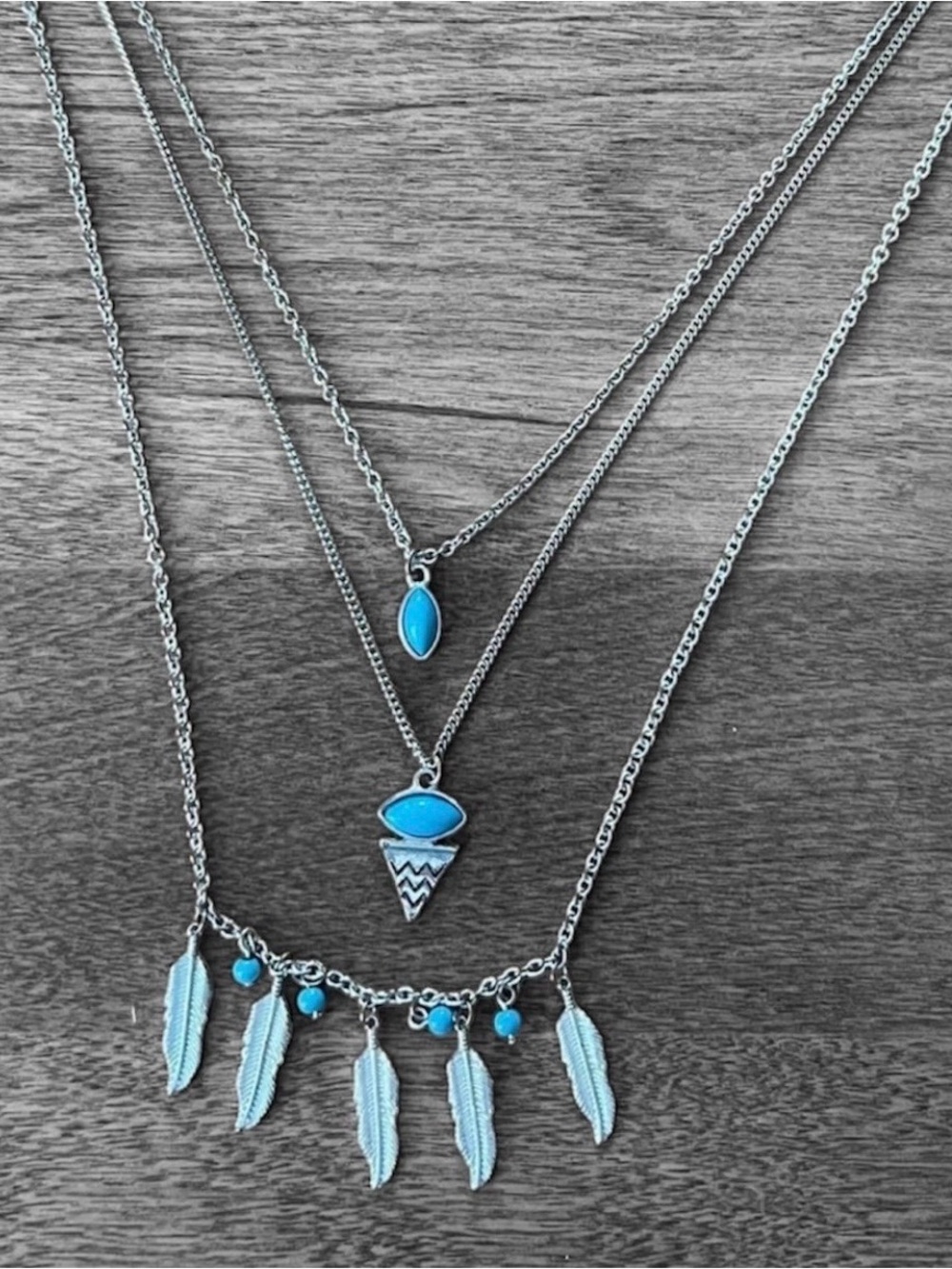 Layered Feather Pendant Necklace with Turquoise Accents - Women Jewelry
